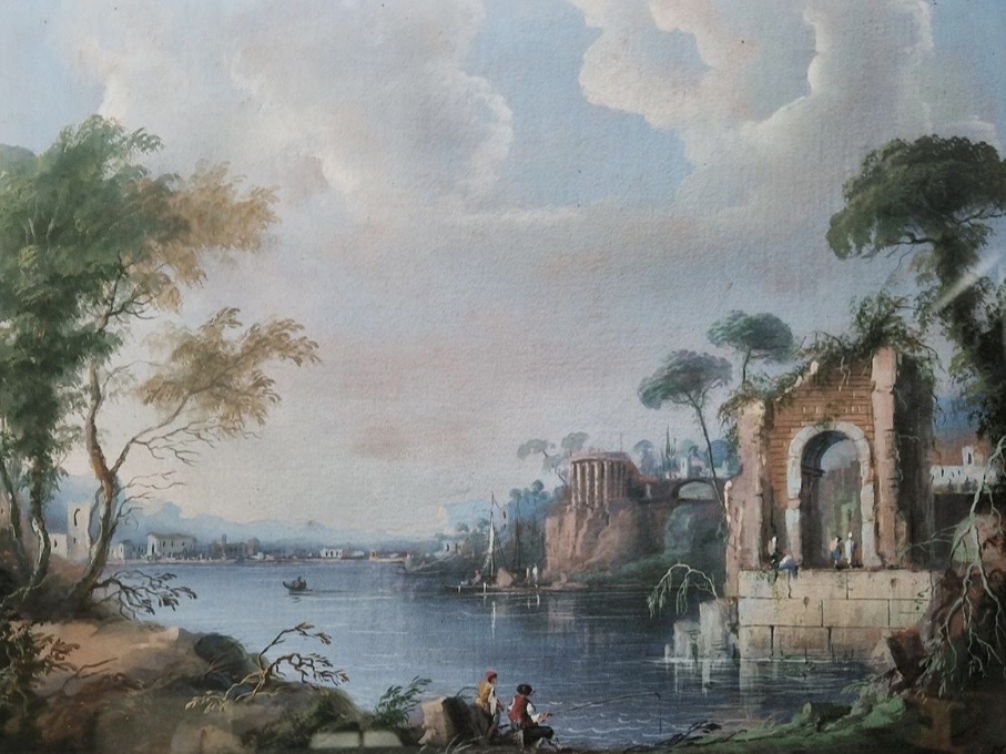 Paisaje pintado con agua, árboles y ruinas arquitectónicas